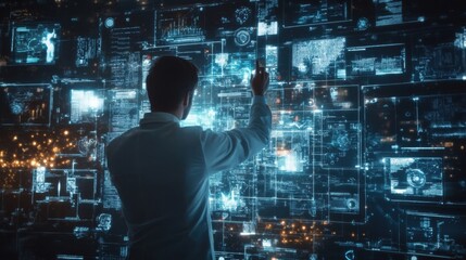 man interacting with futuristic digital interface