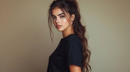 Fototapeta premium Young Elegant Indian Woman in Black Casual T Shirt Mockup Template