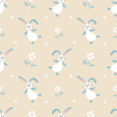 Seamless cute pattern with rabbits and flowers on a gray background