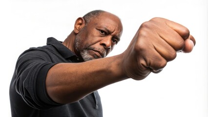 A focused man displays determination with a clenched fist, symbolizing strength and resolve against a plain backdrop.