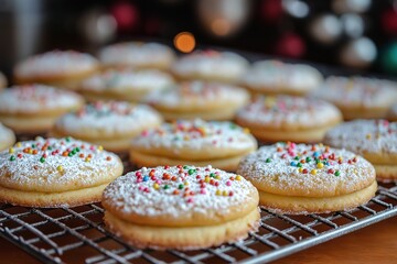 Festively decorated sugar cookies cooling on a rack ready for holiday celebrations