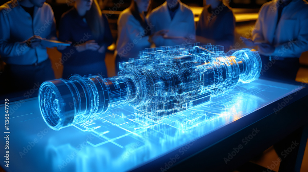 Aufkleber Team of engineers analyzing a futuristic engine using holographic projection in a dimly lit laboratory