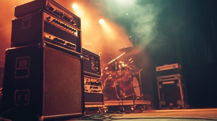 concert stage guitar amps and drum kit