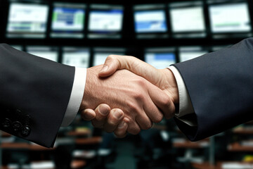 Two men shaking hands in front of a television screen
