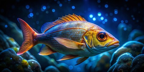 Fototapeta premium Low Light Grunt Fish Photography: Underwater Macro Images, Deep Sea Fish, Nighttime Aquatic Life, Ocean Wildlife, Dark Underwater Scene