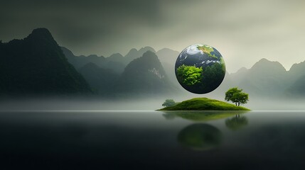A conceptual environmental scene with a floating Earth sphere, Asia-centric geography including Thailand, vibrant forests, photorealistic soft lighting, 8K resolution clarity, surreal minimalist 
