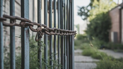 Closed factory gate with chain and padlock, symbolizing the end of an era and the transition to new beginnings. Industrial decline and the shift towards modernization and renewal.