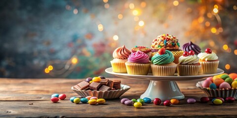 A delightful array of colorful cupcakes and assorted candies on a rustic wooden table, illuminated by a warm, festive background