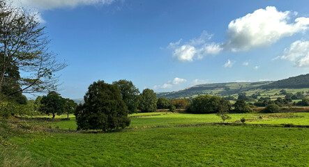 Lush green fields stretch across the Aire Valley under a bright blue sky with scattered clouds. Trees dot the scenery, and hills rise in the distance, in this  peaceful rural view near, Keighley, UK  