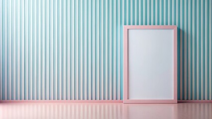 Blank pink frame against pastel blue and white striped wall