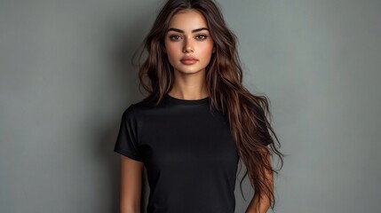 Naklejka premium Stylish Indian Woman in Casual Black Shirt Modeling for T shirt Design Mockup