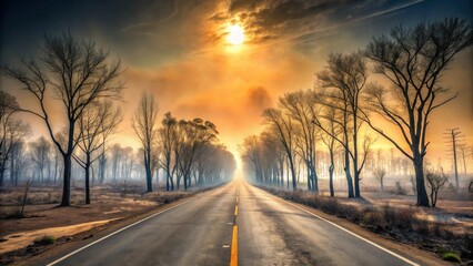 A scenic asphalt road winds through a misty landscape at sunrise, lined with leafless trees, creating a captivating and serene atmosphere.