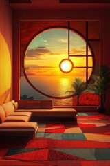 Modern Living Room with Ocean Sunset View Through Circular Window