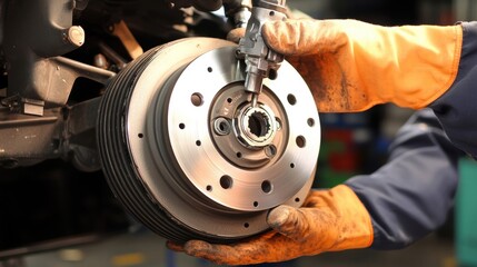 mechanic repairing car brake disc