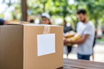 Donation, charity, food bank concept. Cardboard box with grocery product, personal care, essential items for donation and people in blurred food donation point center, temporary food donation point