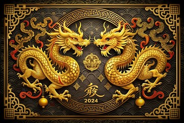 Luxurious Chinese Traditional Gold Dragon Mandala Design for Happy Chinese New Year 2024, Celebrating the Year of the Dragon with Vibrant Colors on Black Background