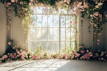 Background wedding with floral and the view outside from windows generative AI	