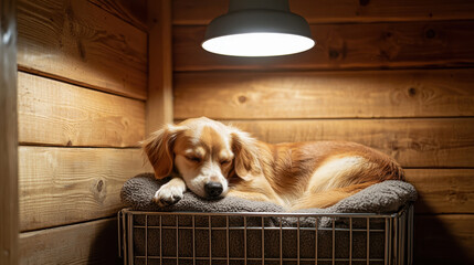 small dog peacefully sleeping in cozy bed under warm light