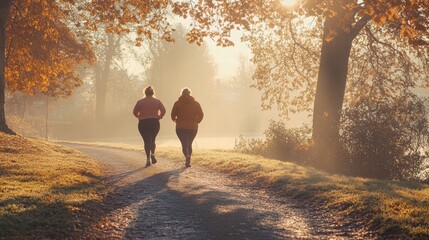 Fototapeta premium women jogging in autumn park at sunrise