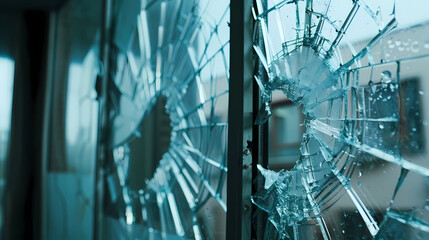 Obraz premium Shattered Glass: A close-up shot of a broken window pane, revealing a web of cracks and shards. The stark image evokes a sense of vulnerability, destruction, and the aftermath of an event. 