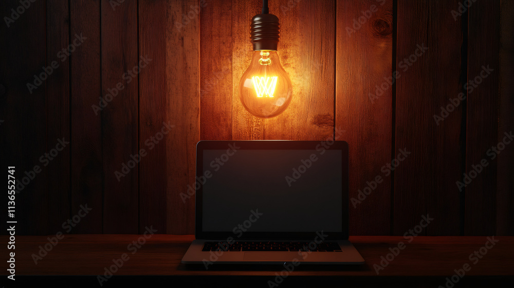 Fototapete laptop screen illuminated by a light bulb with a w filament, representing website creation and onlin
