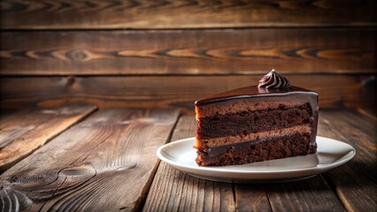 A decadent slice of rich chocolate layer cake, glazed and garnished, rests on a simple white plate atop a rustic wooden surface.