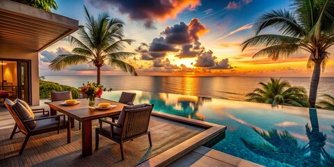 Fototapeta premium Luxurious Tropical Resort Patio: Ocean View Private Pool Getaway