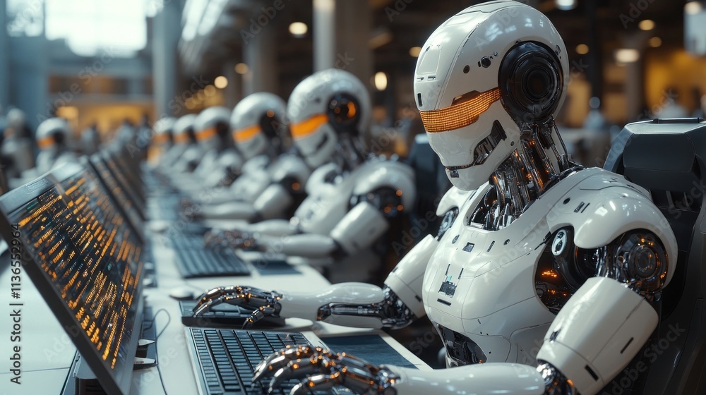 Poster robots working at computers in futuristic environment