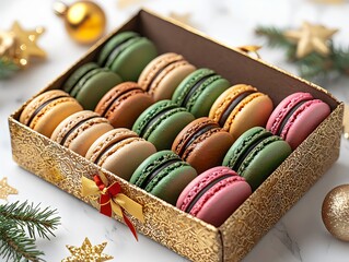Colorful macarons are neatly arranged in an open gift box on a white marble table surrounded by Christmas decor elements.