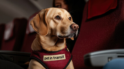 dog wearing pet in transit vest sits calmly on airplane seat