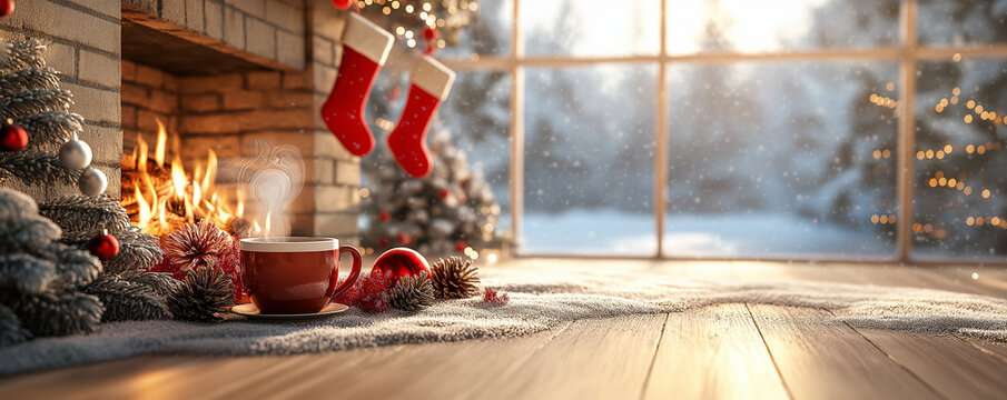 Cozy fireplace, a steaming mug of tea, and stockings hanging