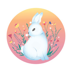 Easter bunny. Flat style cute background framed with plants and flowers. Composition isolated on a monochrome background. Vector image. Great for Easter cards.