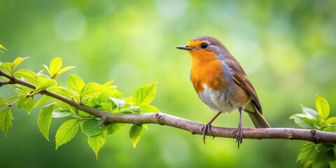 Fototapeta premium A small bird perched on a branch with vibrant green leaves in a natural setting