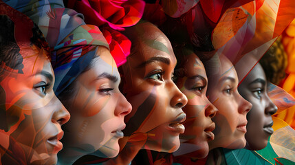 Diversity in Unity: A powerful visual of diverse women united in strength, their faces in profile, showcasing the beauty of inclusivity and the power of collective identity.  