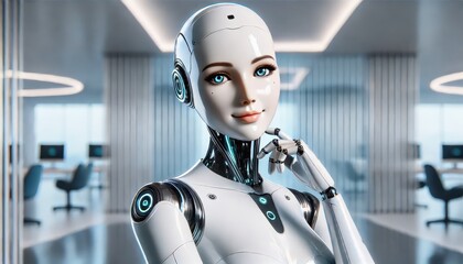 A very attractive female AI robot with a playful smile.