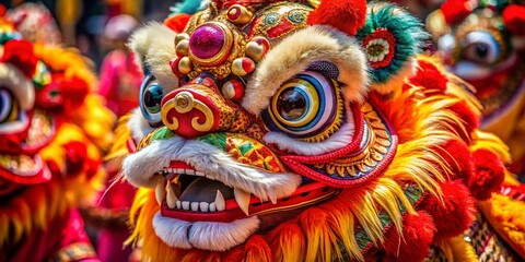 Fototapeta premium Macro Chinese Lion Dance Photography: Vibrant Colors, Intricate Details, Festive Celebration