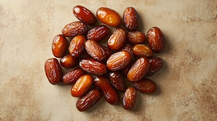 Create a full-frame top view image of a pile of appetizing Medjool dates.