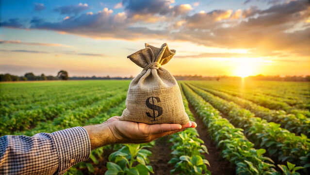 agricultural landscape, green crop rows, sunset sky, hand holding burlap money bag, golden sunlight, farm fields, cloudy horizon, financial concept, rural economy, harvest time