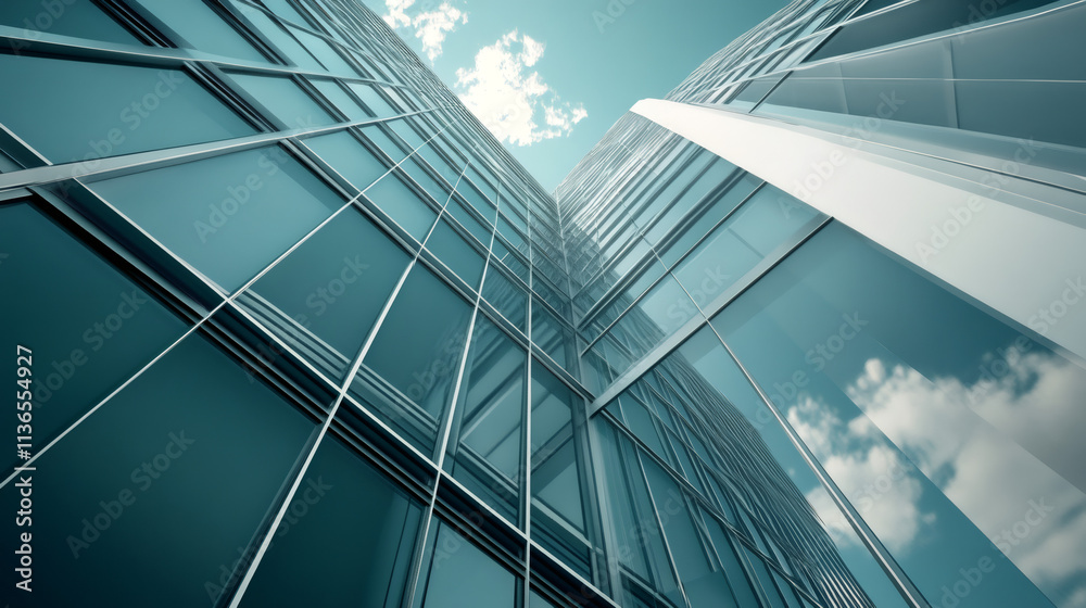 Poster urban architecture and design: modern glass skyscrapers reaching towards the cloudy sky from a low a