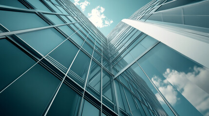 Obraz premium Urban architecture and design: modern glass skyscrapers reaching towards the cloudy sky from a low angle view