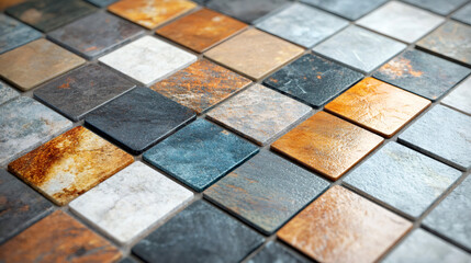 Stunning mosaic pattern made of vibrant stone tiles, perfect for interior design projects
