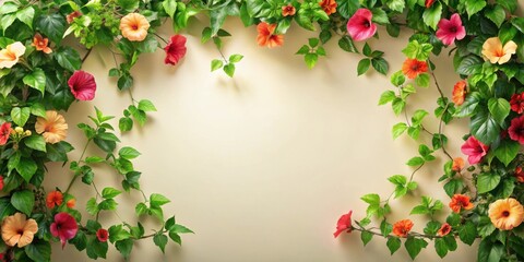 Vibrant Floral Border with Lush Greenery and Colorful Blossoms on a Pale Background