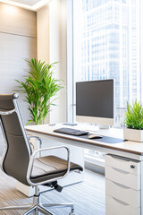 Fototapeta premium A clean and organized office with a large window and a potted plant