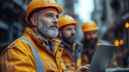 Construction workers using laptop on-site