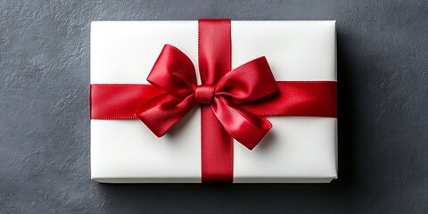 Top View of a White Gift Box with a Red Satin Bow, gift box, red ribbon, present, Generative Ai