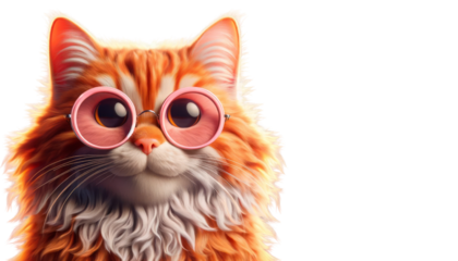 Adorable fluffy orange cat with pink round glasses, isolated on a clean white background, closeup view, concept of playful pets. Ai generative