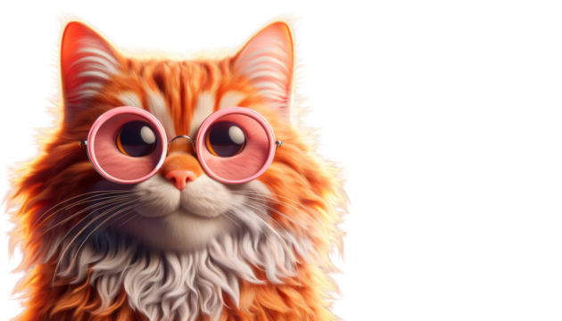 Adorable fluffy orange cat with pink round glasses, isolated on a clean white background, closeup view, concept of playful pets. Ai generative