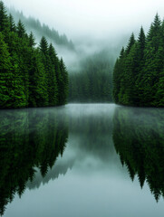 Tranquil forest lake surrounded by misty trees