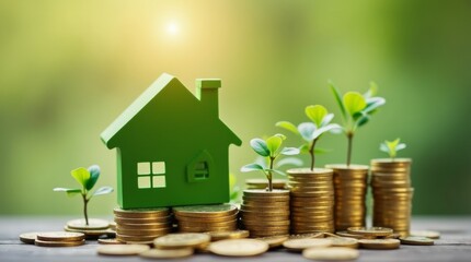 A miniature green house sits atop a pile of gold coins, with small plants sprouting nearby, illuminated by a soft light. This symbolizes growth, investment, and financial prosperity in sustainable
