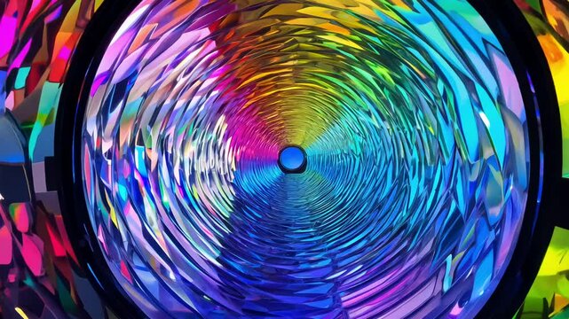 This video circles a dichroic glass texture featuring shifting rainbow hues with prismatic reflection patterns